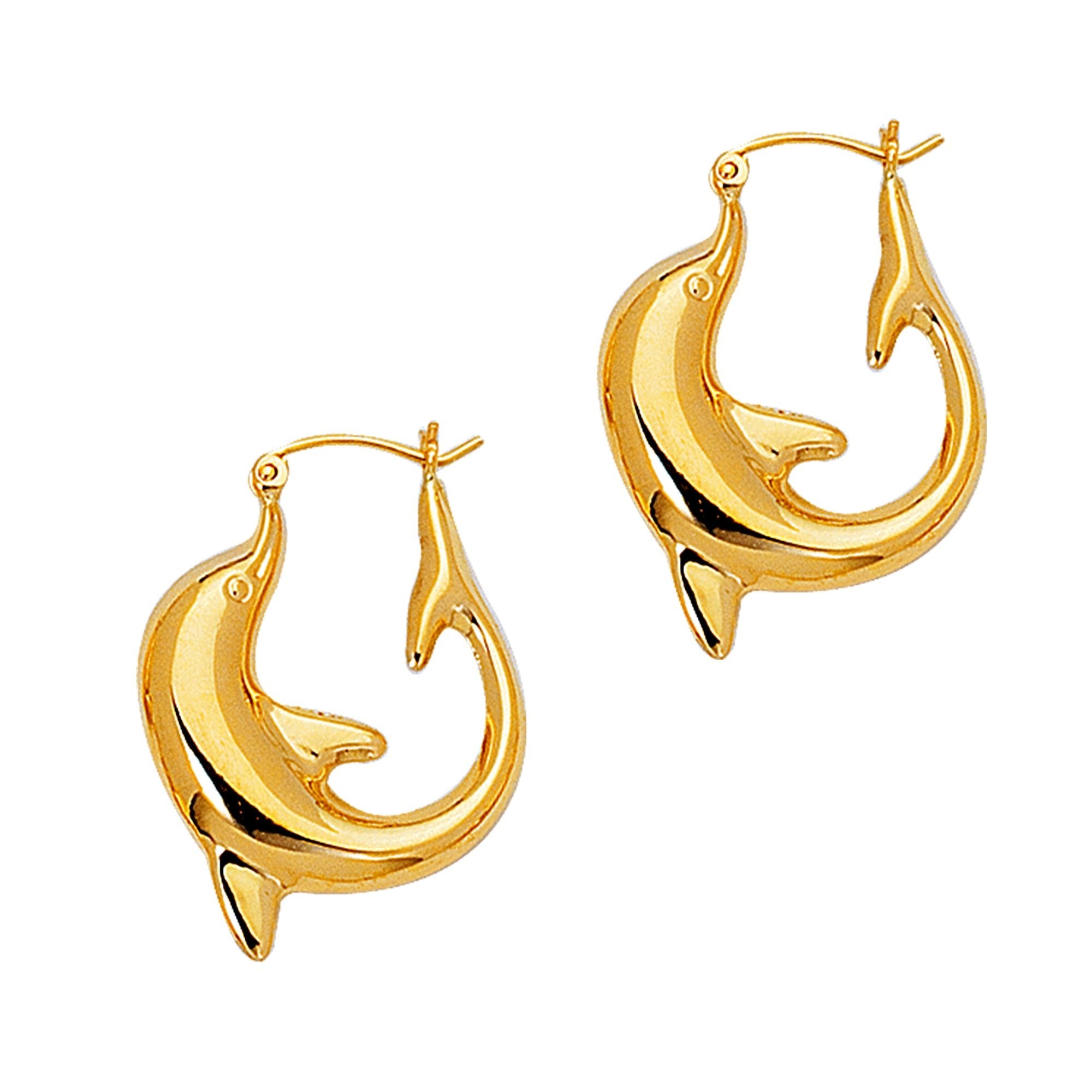14K Yellow Gold Shiny Dolphin Hoop Earrings, Diameter 22mm - JewelryAffairs
