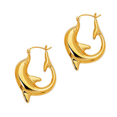14K Yellow Gold Shiny Dolphin Hoop Earrings, Diameter 22mm - JewelryAffairs