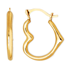 14k Yellow Gold Shiny Open Heart Hoop Earrings, Diameter 15mm - JewelryAffairs