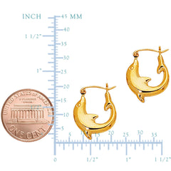 14K Yellow Gold Shiny Small Dolphin Hoop Earrings, Diameter 16mm - JewelryAffairs