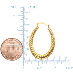 14K Yellow Gold Shiny Textured Oval Shape Hoop Earrings, Length 30mm