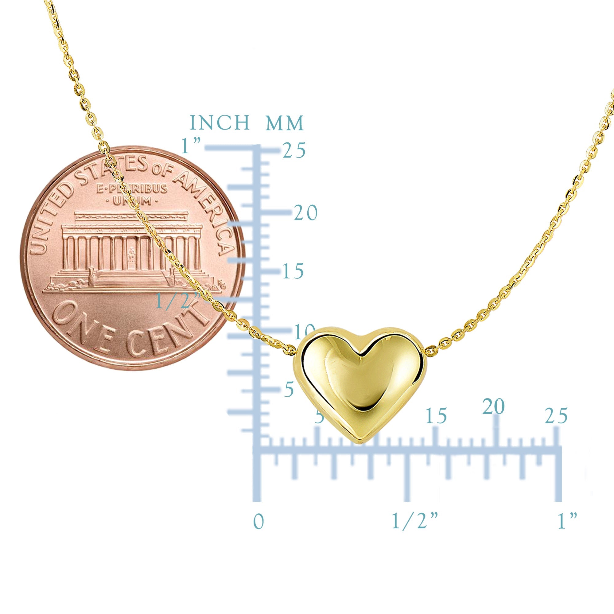 14k Yellow Gold Sliding Puffed Heart Pendant Necklace, 18"