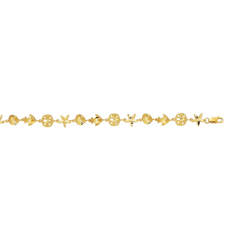 14k Yellow Gold Starfish Sand Dollar And Fish Bracelet, 7"