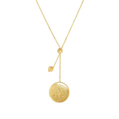 14k Yellow Gold Tree of Life Small Bead Lariat on Chain Necklace, 18"
