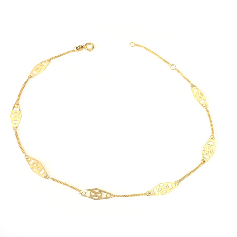 14K Yellow Gold Twisted Bar Fancy Anklet, 10"