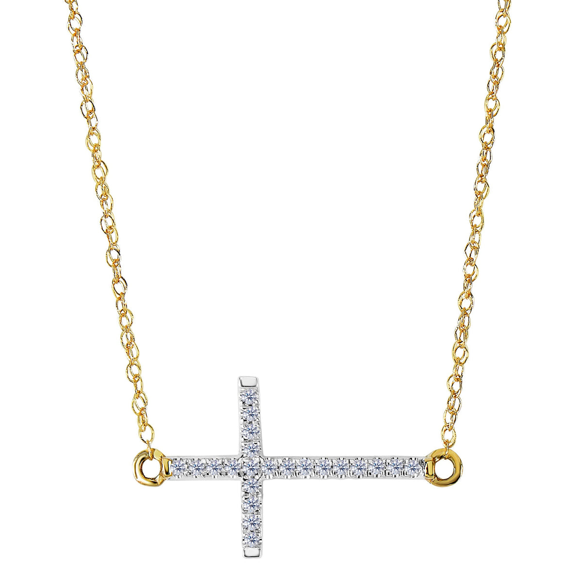 14k Yellow Gold With 0.05ct Diamonds Side Ways Cross Necklace - 18 Inches