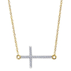 14k Yellow Gold With 0.05ct Diamonds Side Ways Cross Necklace - 18 Inches