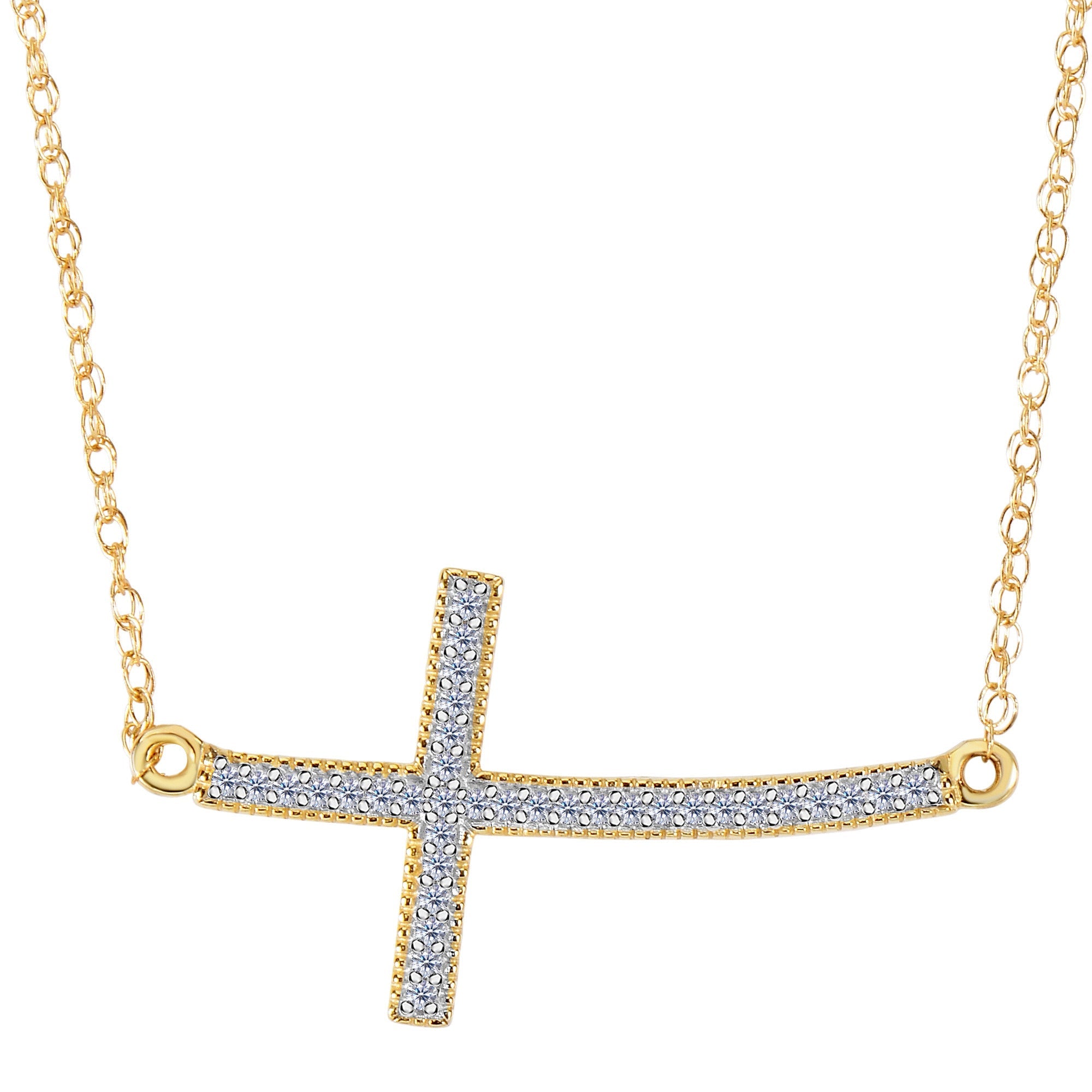 14k Yellow Gold With 0.08ct Diamonds Curved Side Ways Cross Millgrain Necklace - 18 Inches