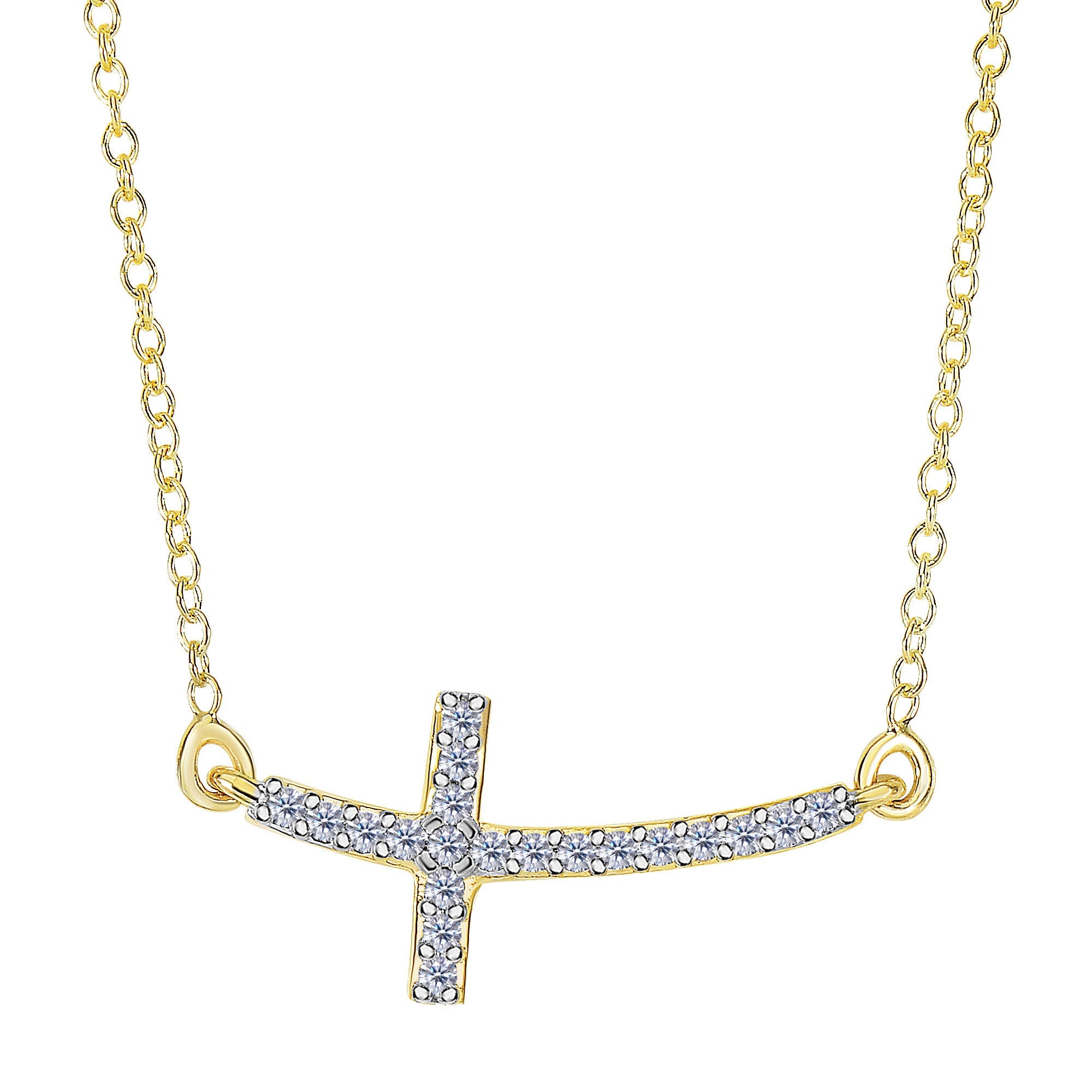14k Yellow Gold With 0.12ct Diamonds Curved Side Ways Cross Necklace - 18 Inches