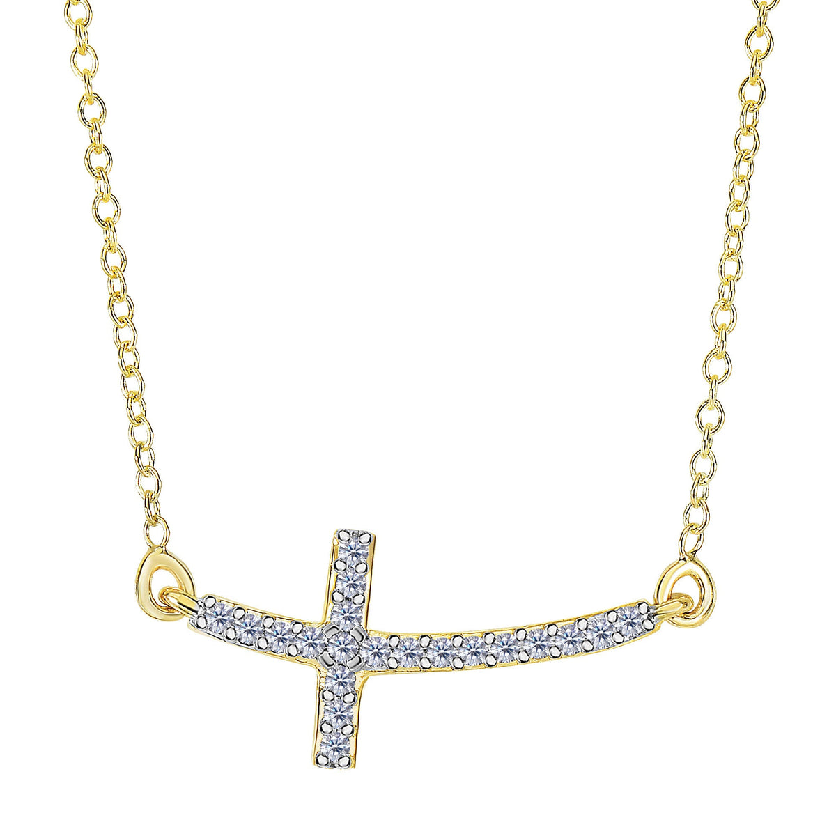 14k Yellow Gold With 0.12ct Diamonds Curved Side Ways Cross Necklace - 18 Inches