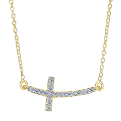 14k Yellow Gold With 0.12ct Diamonds Curved Side Ways Cross Necklace - 18 Inches