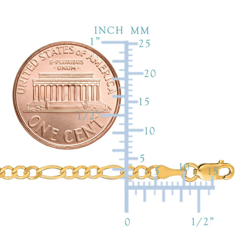14k Yellow Solid Gold Figaro Chain Bracelet, 2.6mm, 7"