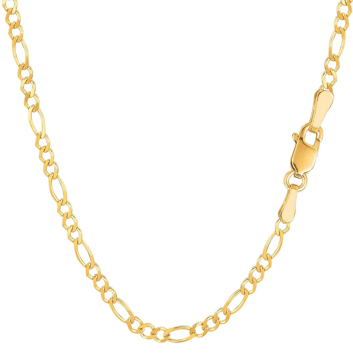 14k Yellow Solid Gold Figaro Chain Bracelet, 2.6mm, 7" - JewelryAffairs
