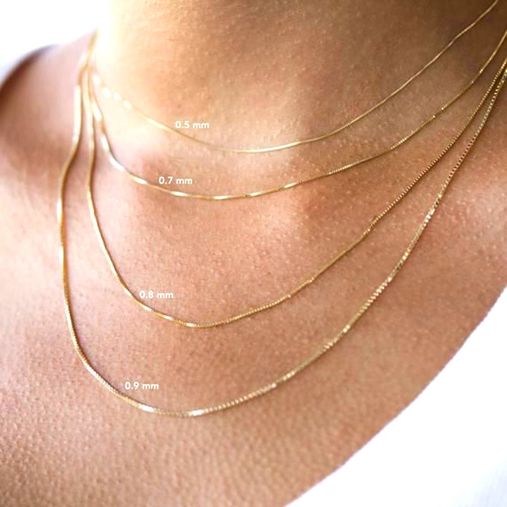 14k Yellow Solid Gold Mirror Box Chain Necklace, 0.7mm - JewelryAffairs