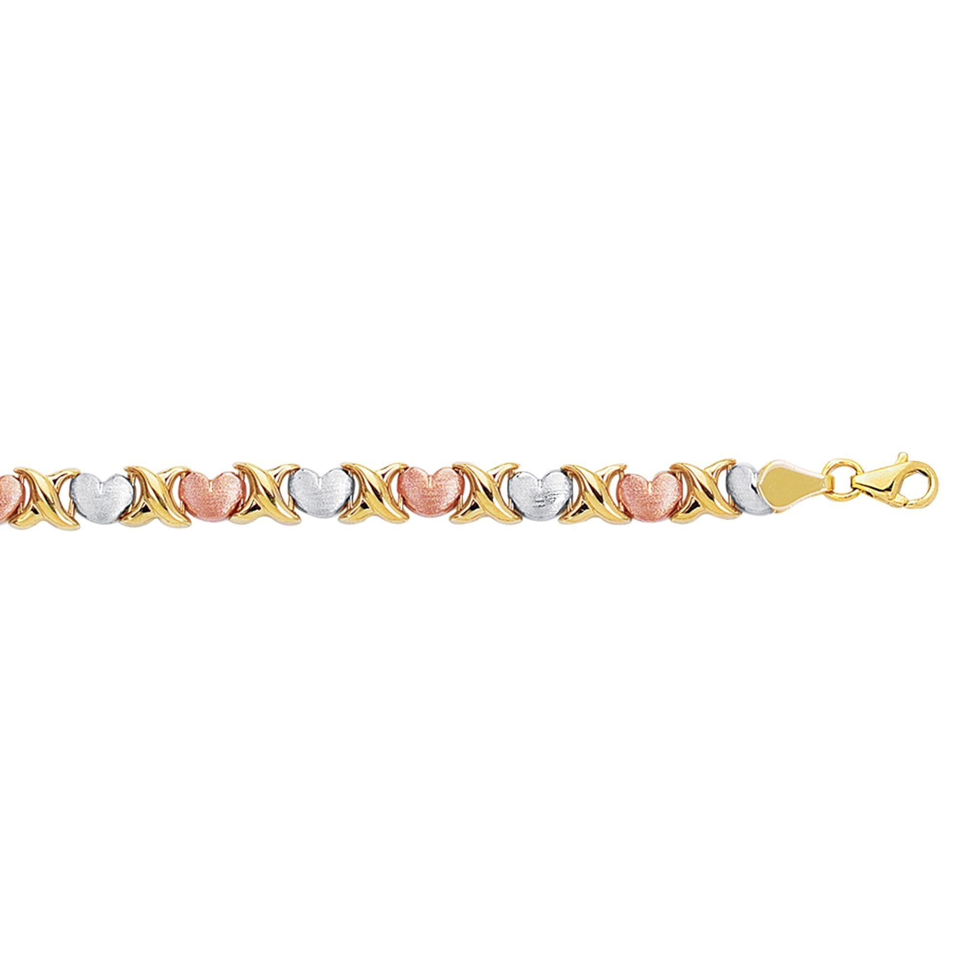14k Yellow White And Rose Gold Heart Links Bracelet, 7.25" - JewelryAffairs