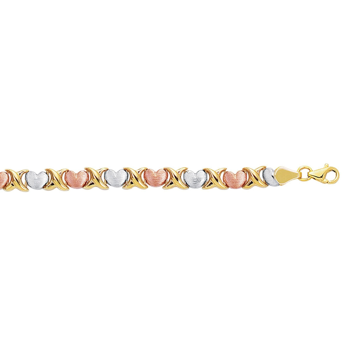 14k Yellow White And Rose Gold Heart Links Bracelet, 7.25" - JewelryAffairs