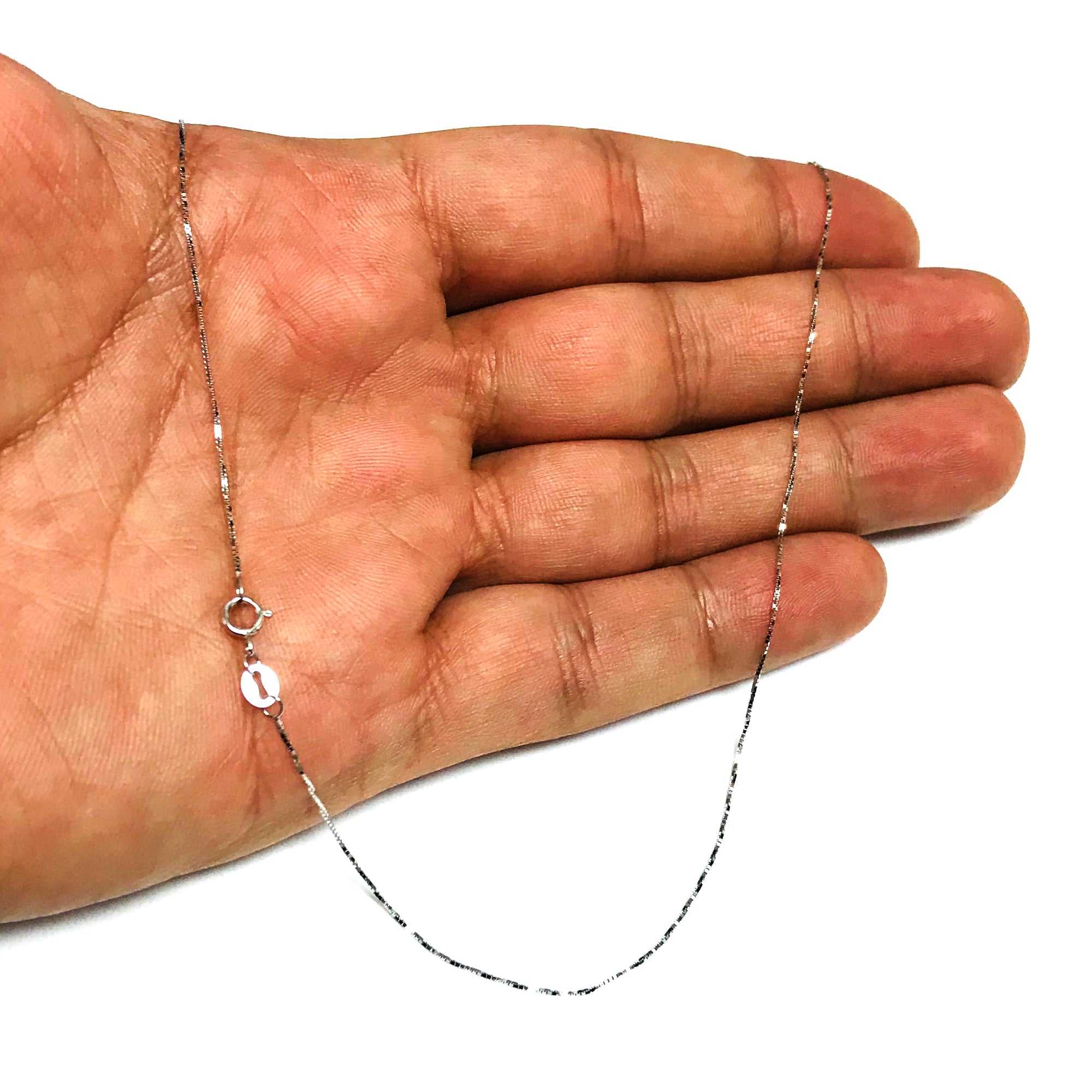 10k White Solid Gold Mirror Box Chain Necklace, 0.6mm fine designer jewelry for men and women