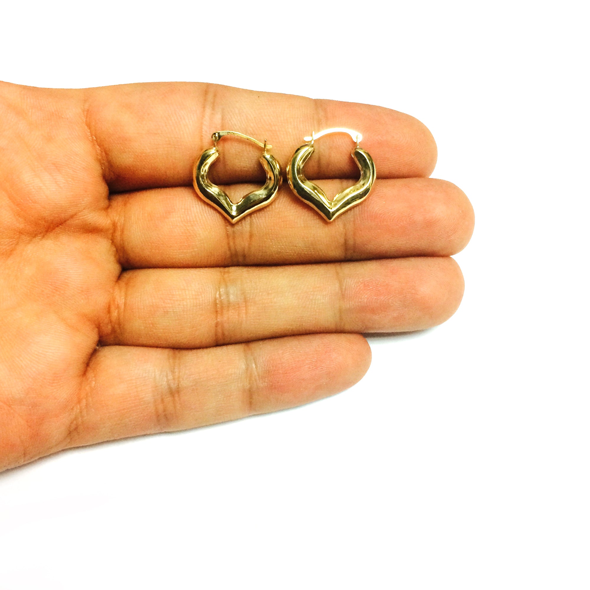 10k Yellow Gold Shiny Heart Shape Fancy Hoop Earrings, Diameter 18mm fine designer jewelry for men and women