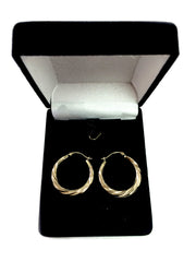 10k Yellow Gold Swirl Texture Round Hoop Earrings, Diameter 25mm fine designer jewelry for men and women
