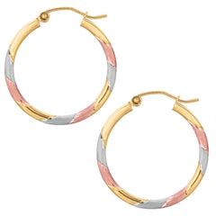 10k Tricolor White Yellow And Rose Gold Satin And Shiny Round Hoop Earrings, Diameter 25mm fine designer jewelry for men and women