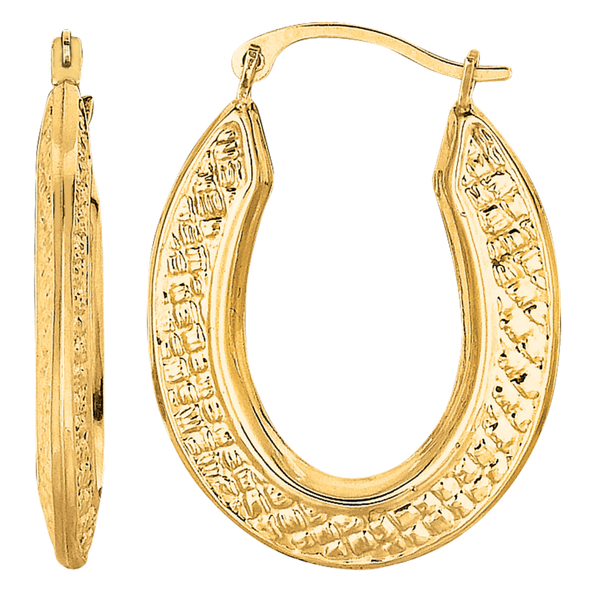 10k Yellow Gold Weave Texture Design Oval Shape Hoop Earrings fine designer jewelry for men and women