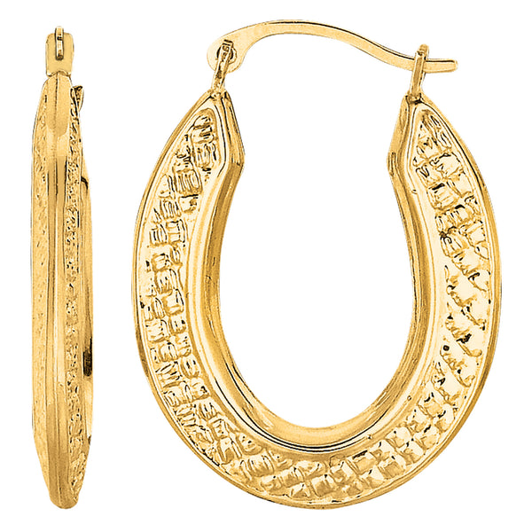 10k Yellow Gold Weave Texture Design Oval Shape Hoop Earrings