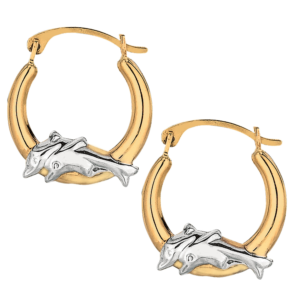 Pendientes de aro de forma redonda de oro blanco y amarillo de 10 quilates en 2 tonos con delfines, joyería fina de diseño de 15 mm de diámetro para hombres y mujeres