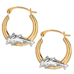 10k 2 Tone White And Yellow Gold Round Shape Hoop Earrings With Dolphins, Diameter 15mm