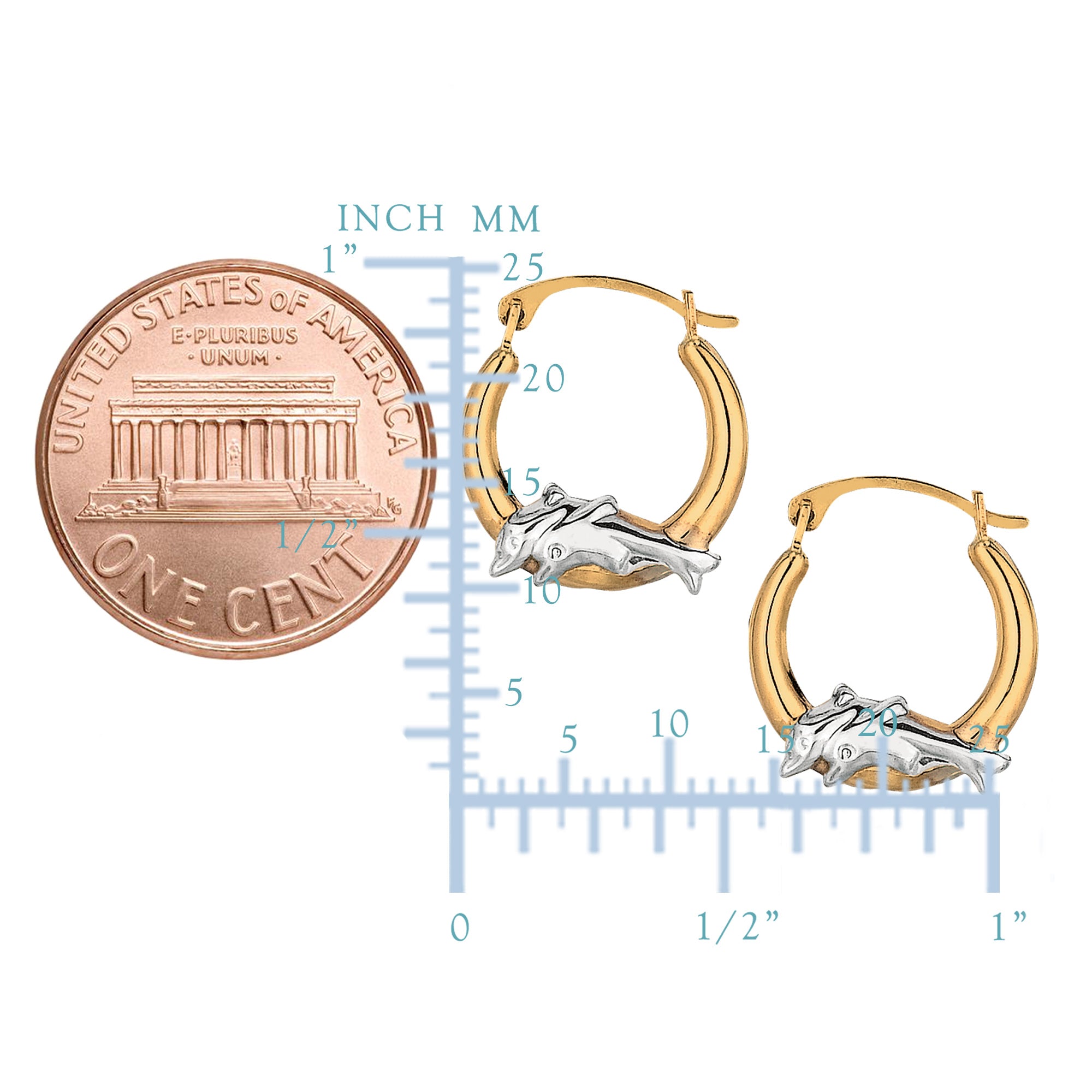 Orecchini a cerchio a forma rotonda in oro bianco e giallo bicolore da 10 kt con delfini, diametro 15 mm, gioielli di design per uomo e donna