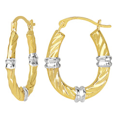Boucles d'oreilles créoles ovales à texture tourbillonnante en or blanc et jaune 2 tons 10 carats, diamètre 20 mm, bijoux de créateur fins pour hommes et femmes