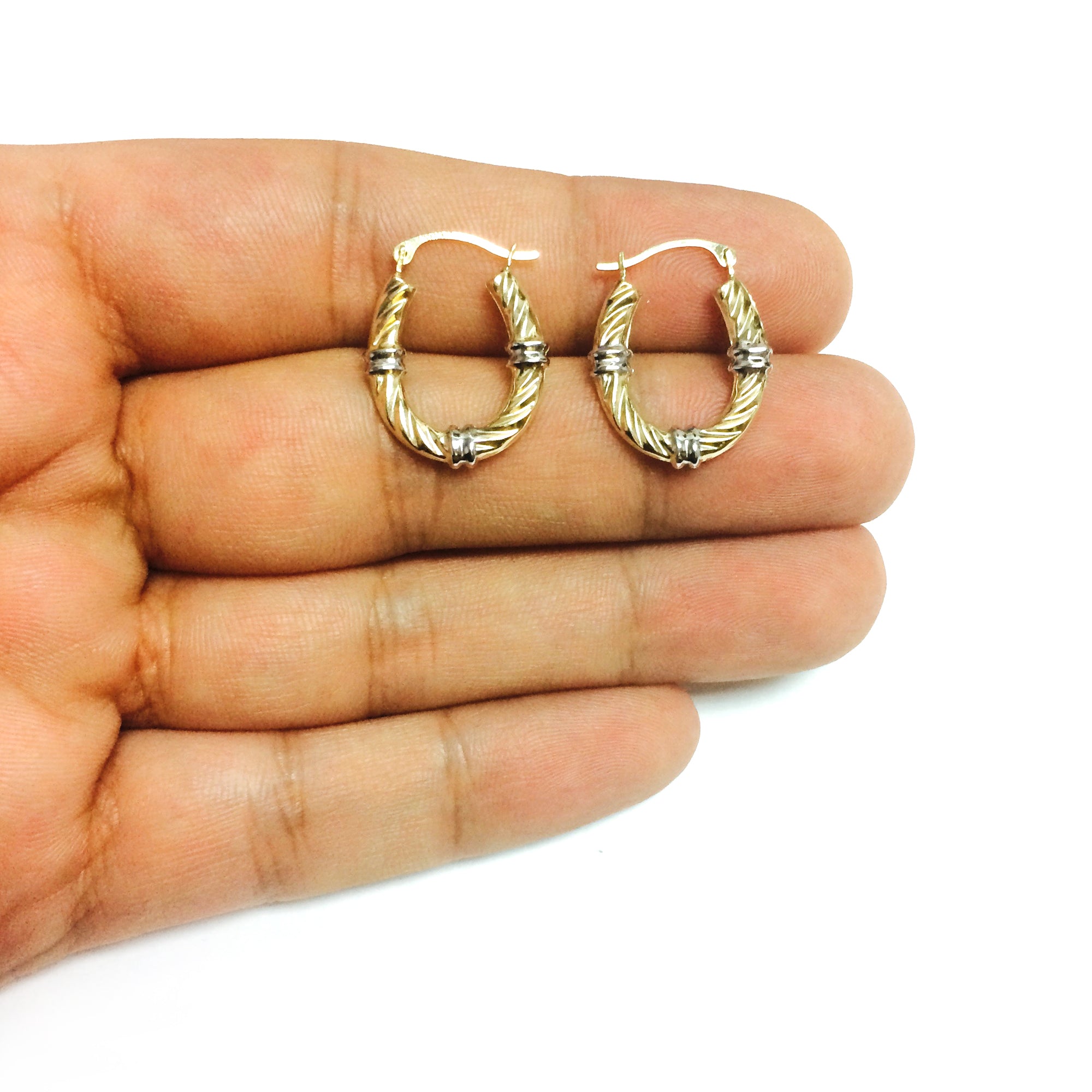 Pendientes de aro ovalados con textura de remolino de oro blanco y amarillo de 2 tonos de 10 quilates, joyería fina de diseño de 20 mm de diámetro para hombres y mujeres