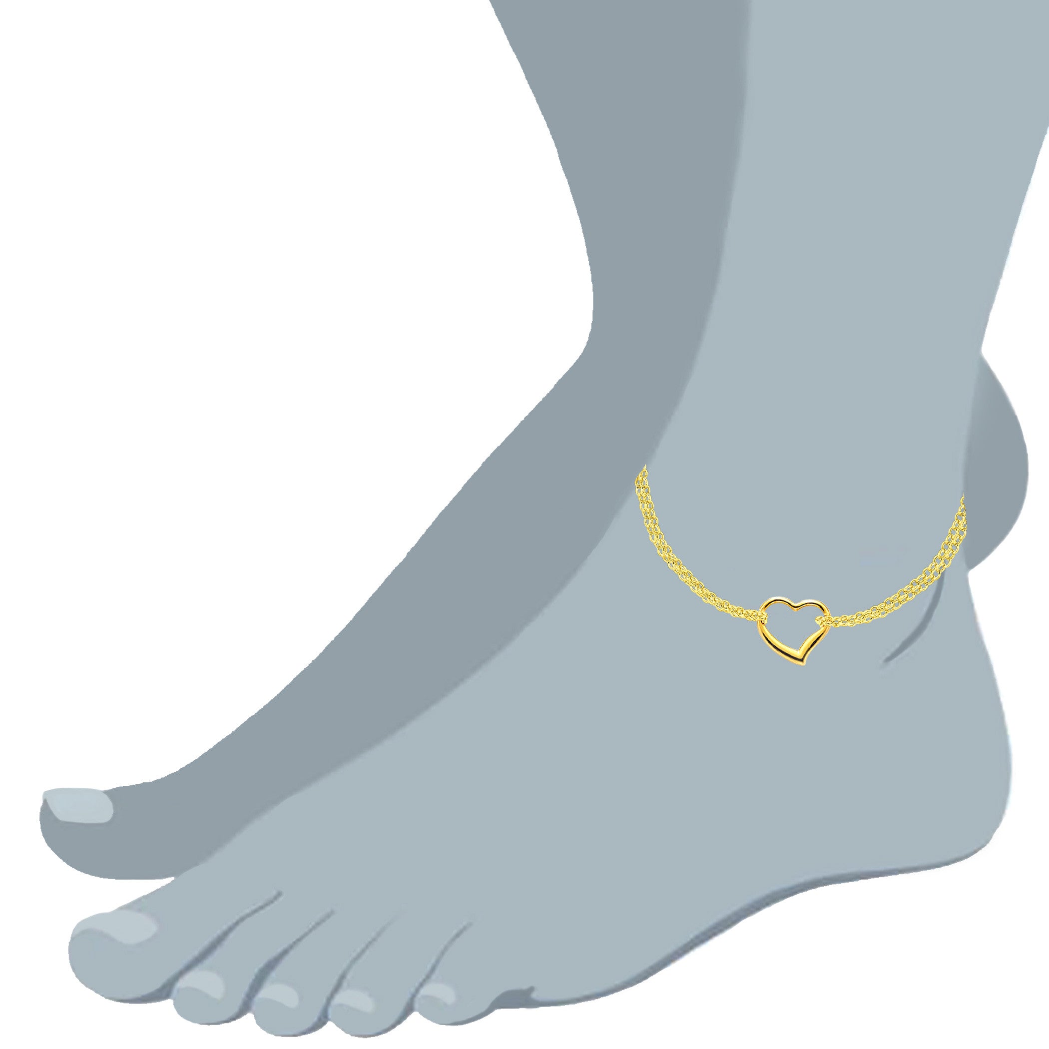 Doppio filo in oro giallo 14 carati con cavigliera a cuore, gioielli di alta moda da 10" per uomini e donne