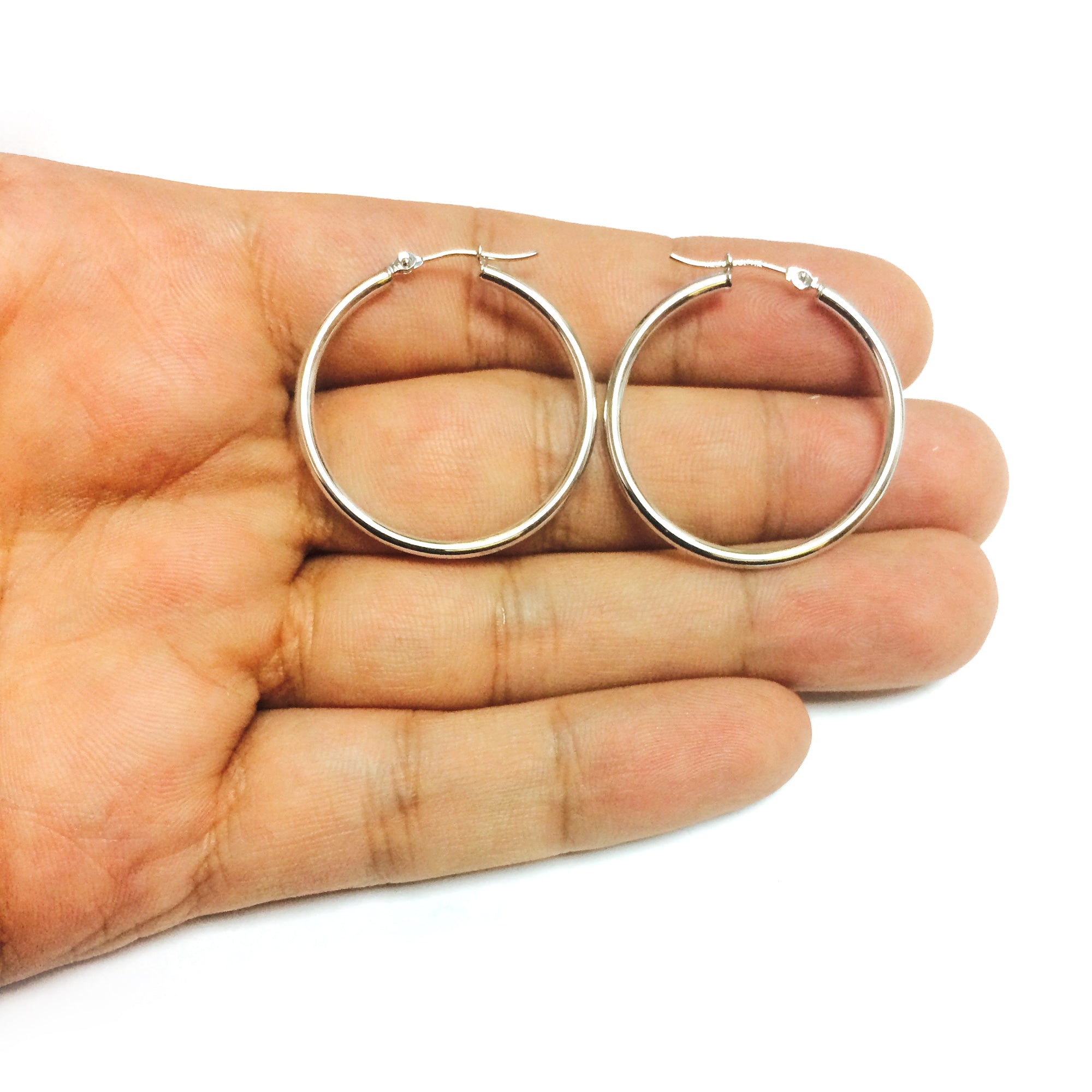 10k White Gold 2mm Shiny Round Tube Hoop Earrings fine designer jewelry for men and women