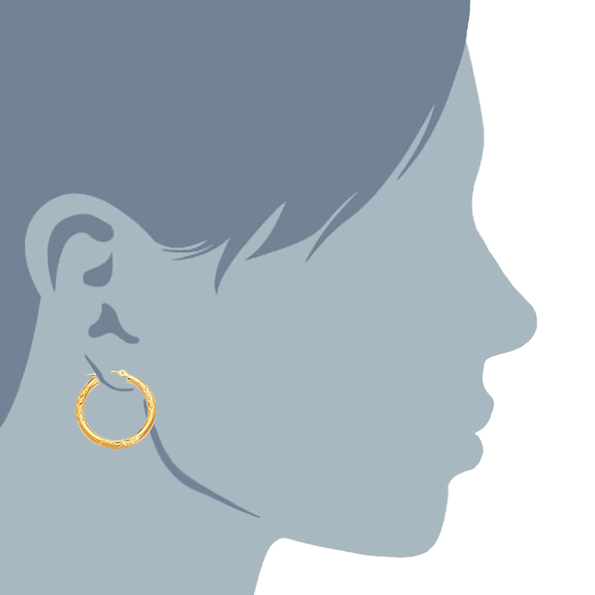 10k Yellow Gold Diamond Cut Design Round Shape Hoop Earrings, Diameter 20mm