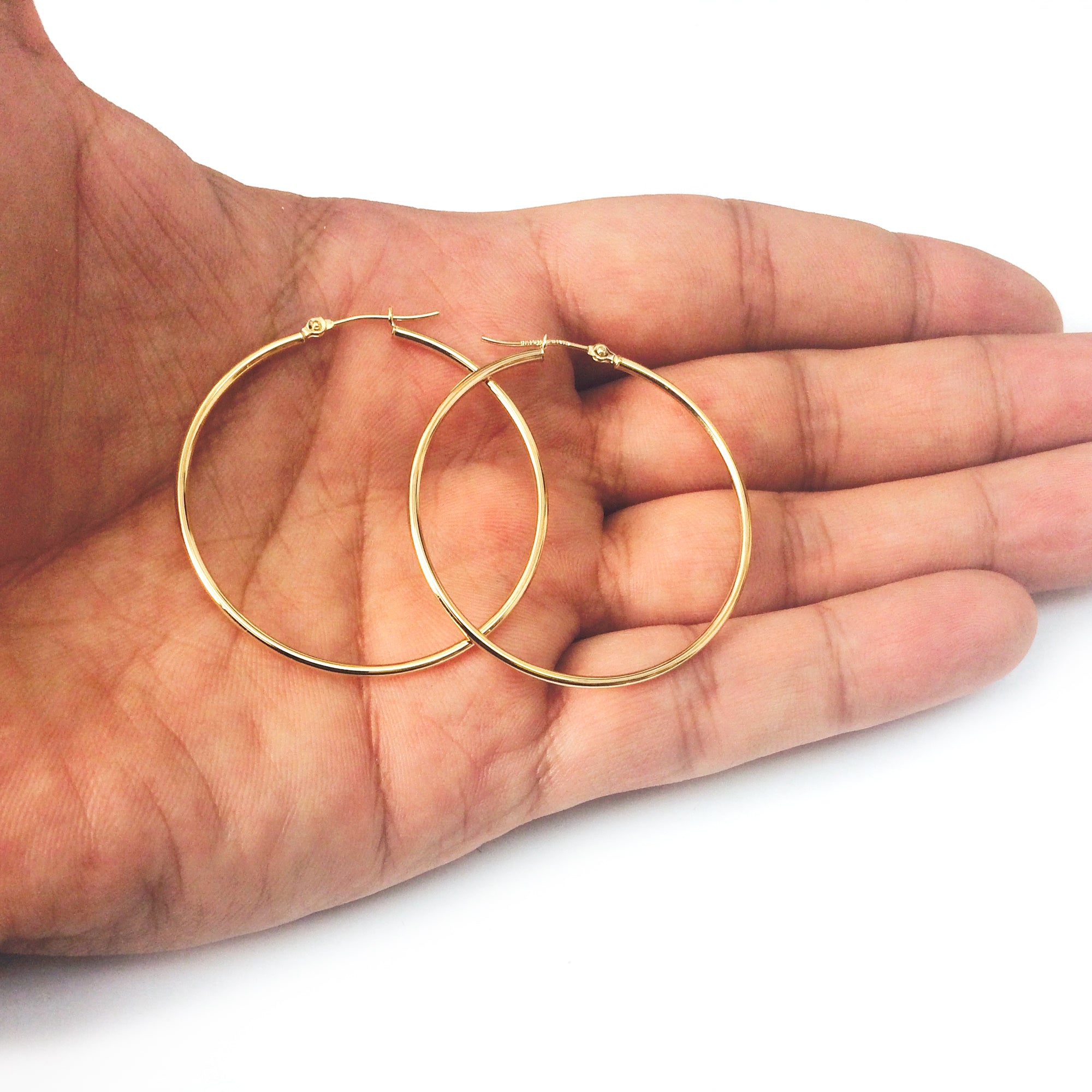 Orecchini a cerchio a tubo tondo lucido in oro giallo 10k da 1,5 mm, gioielli di design per uomini e donne