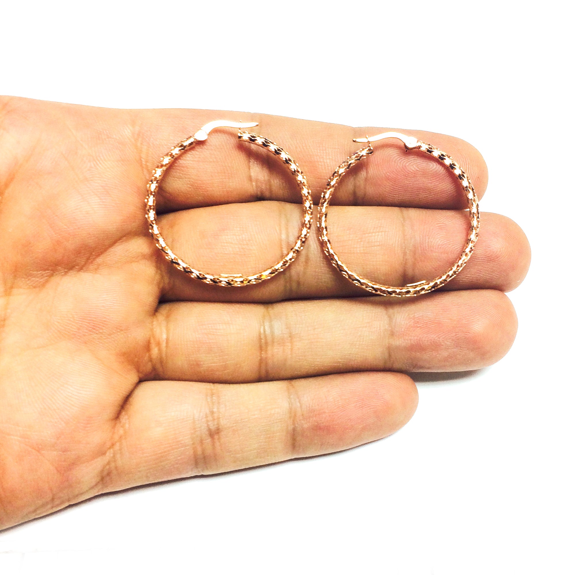 10 k roséguld glänsande mesh runda bågeörhängen, diameter 30 mm fina designersmycken för män och kvinnor