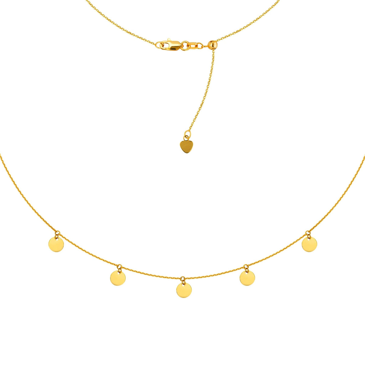5 Dangle Mini Disc Choker 14k Gold Necklace, 16" Adjustable