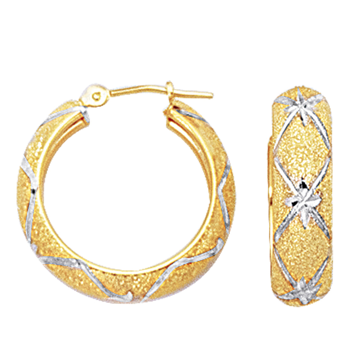 10k 2 Tone White And Yellow Gold Diamond Cut Textured Round Hoop Earrings, Diameter  22mm