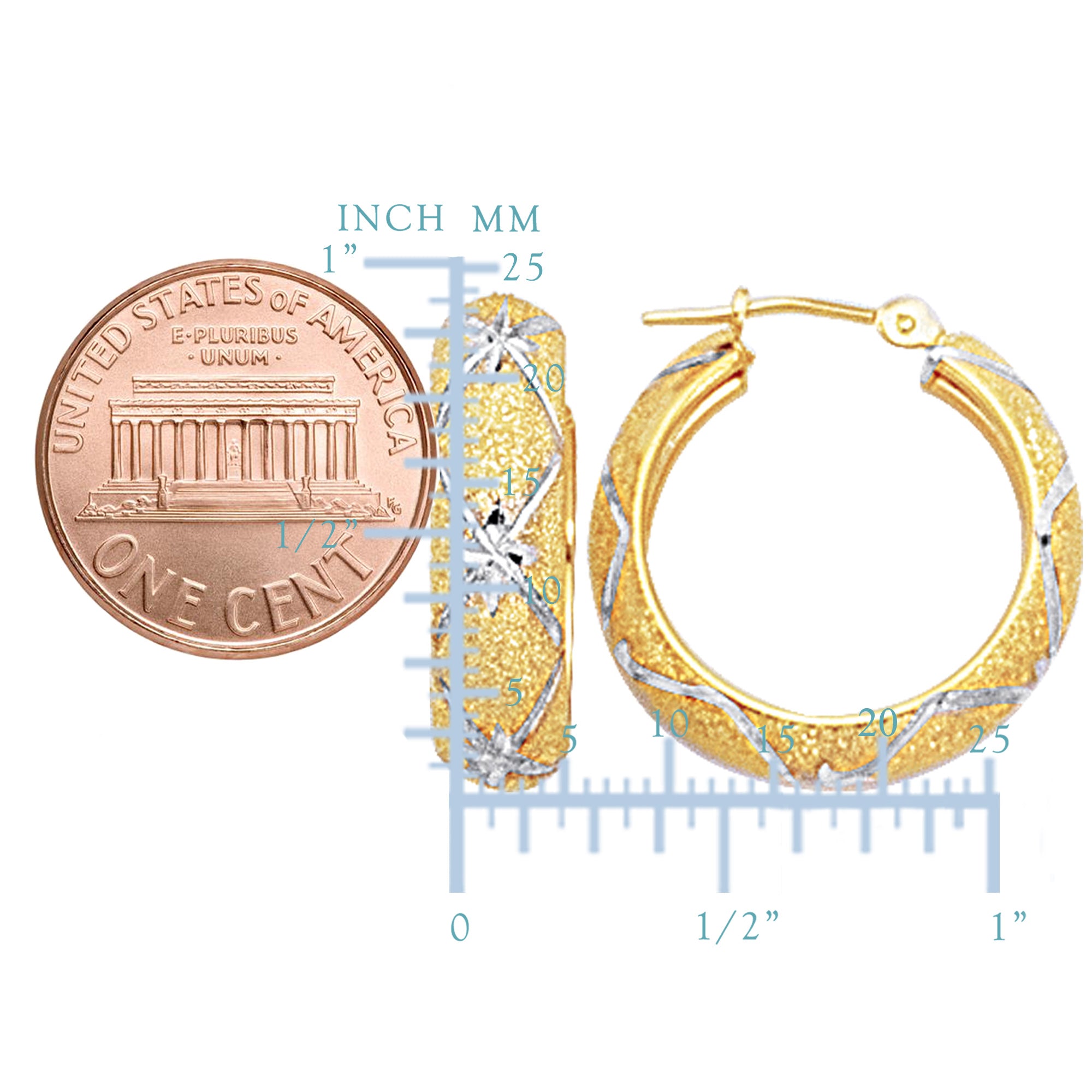 10k 2 tone hvid og gul guld diamantskårne teksturerede runde bøjle øreringe, diameter 22 mm fine designer smykker til mænd og kvinder