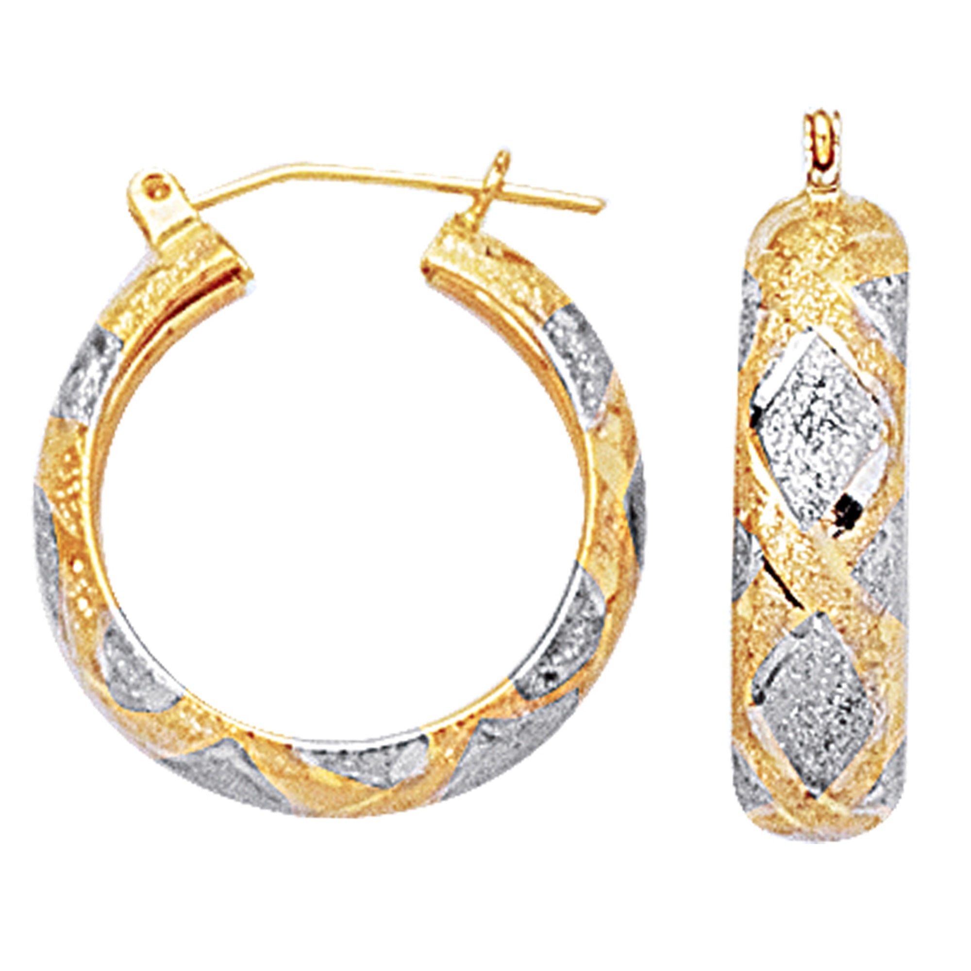 Pendientes de aro redondos texturizados con corte de diamante en oro blanco y amarillo de 10 quilates en 2 tonos, joyería fina de diseño de 22 mm de diámetro para hombres y mujeres