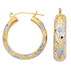10k 2 Tone White And Yellow Gold Diamond Cut Textured Round Hoop Earrings, Diameter 22mm