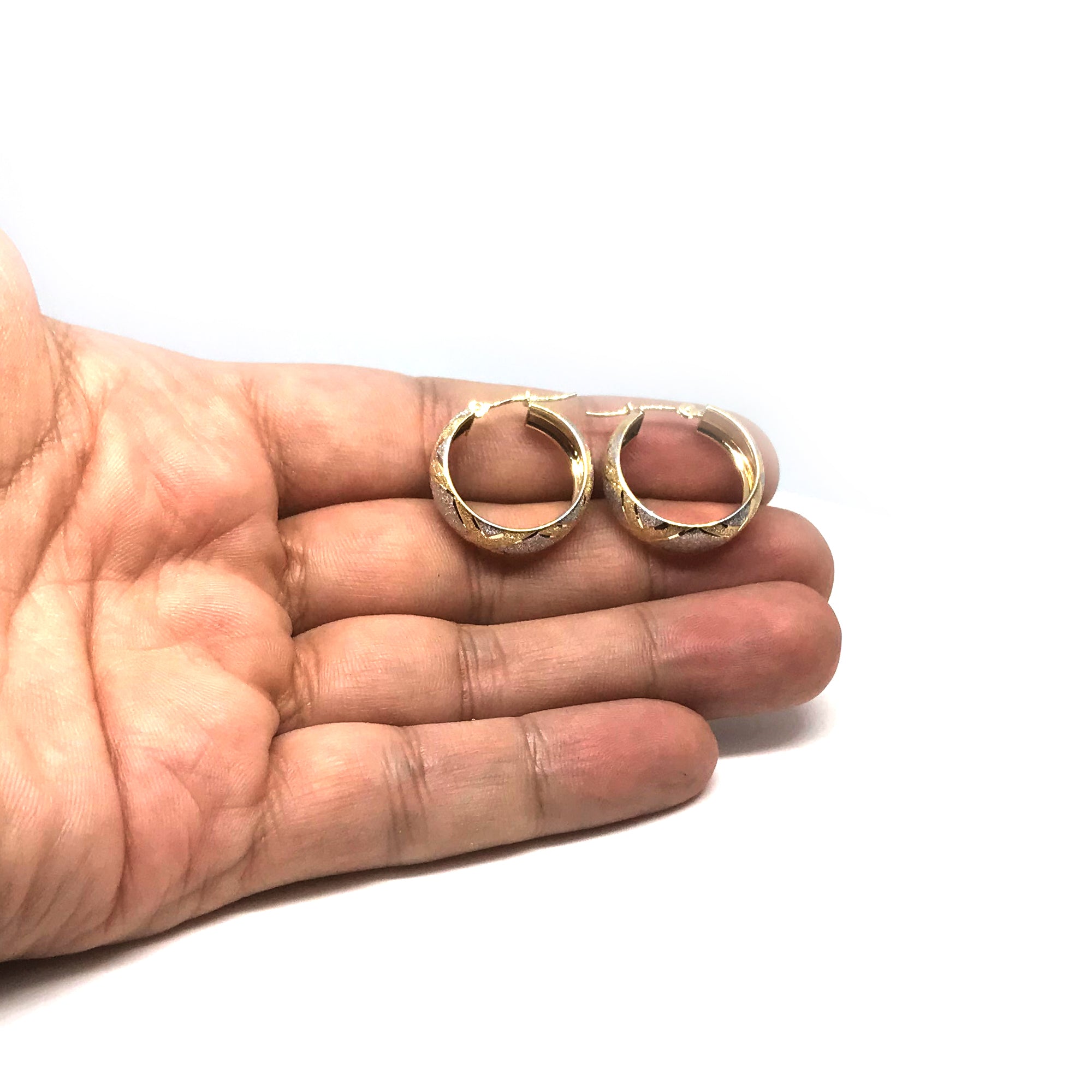 Pendientes de aro redondos texturizados con corte de diamante en oro blanco y amarillo de 10 quilates en 2 tonos, joyería fina de diseño de 22 mm de diámetro para hombres y mujeres