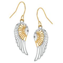 10k 2 Tone Yellow And White Gold Diamond Cut Angel Wings Drop Earrings