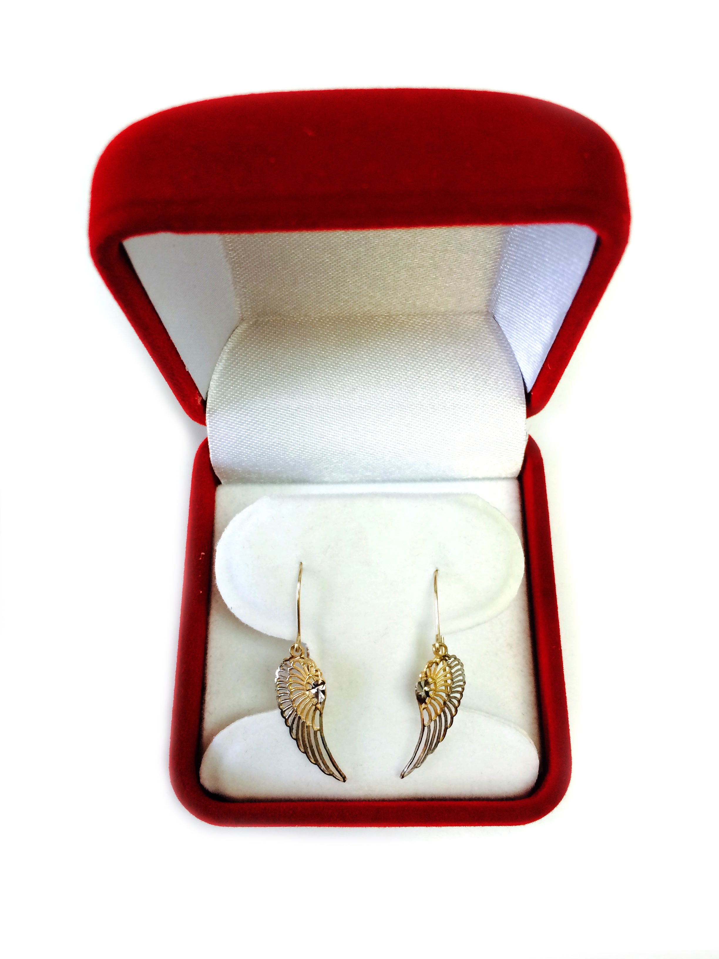 Orecchini pendenti con ali d'angelo in oro giallo e bianco da 10 carati a 2 toni, gioielli di design per uomini e donne
