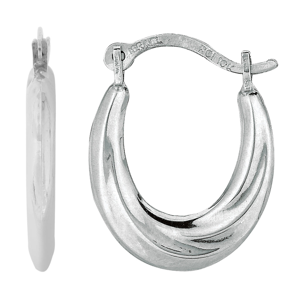 10k White Gold Swirl Design Oval Hoop Earrings, Diameter 15mm