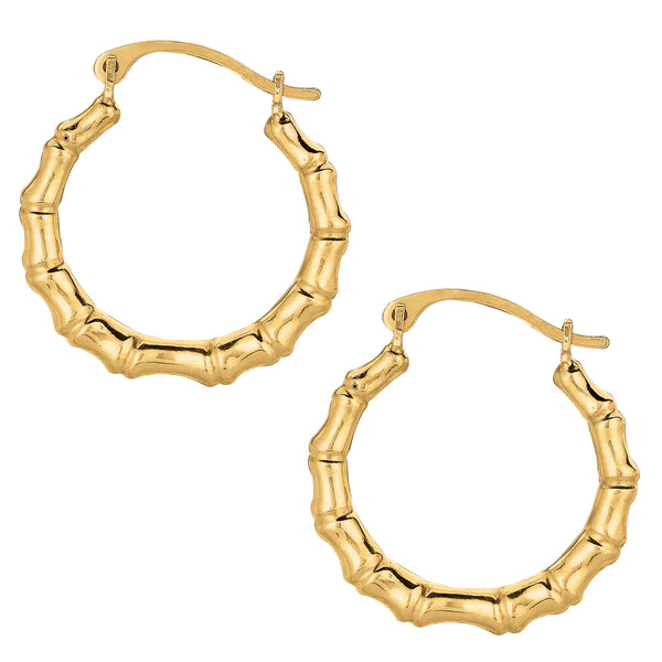 10k Yellow Gold Shiny Bamboo Round Hoop Earrings, Diameter 18mm