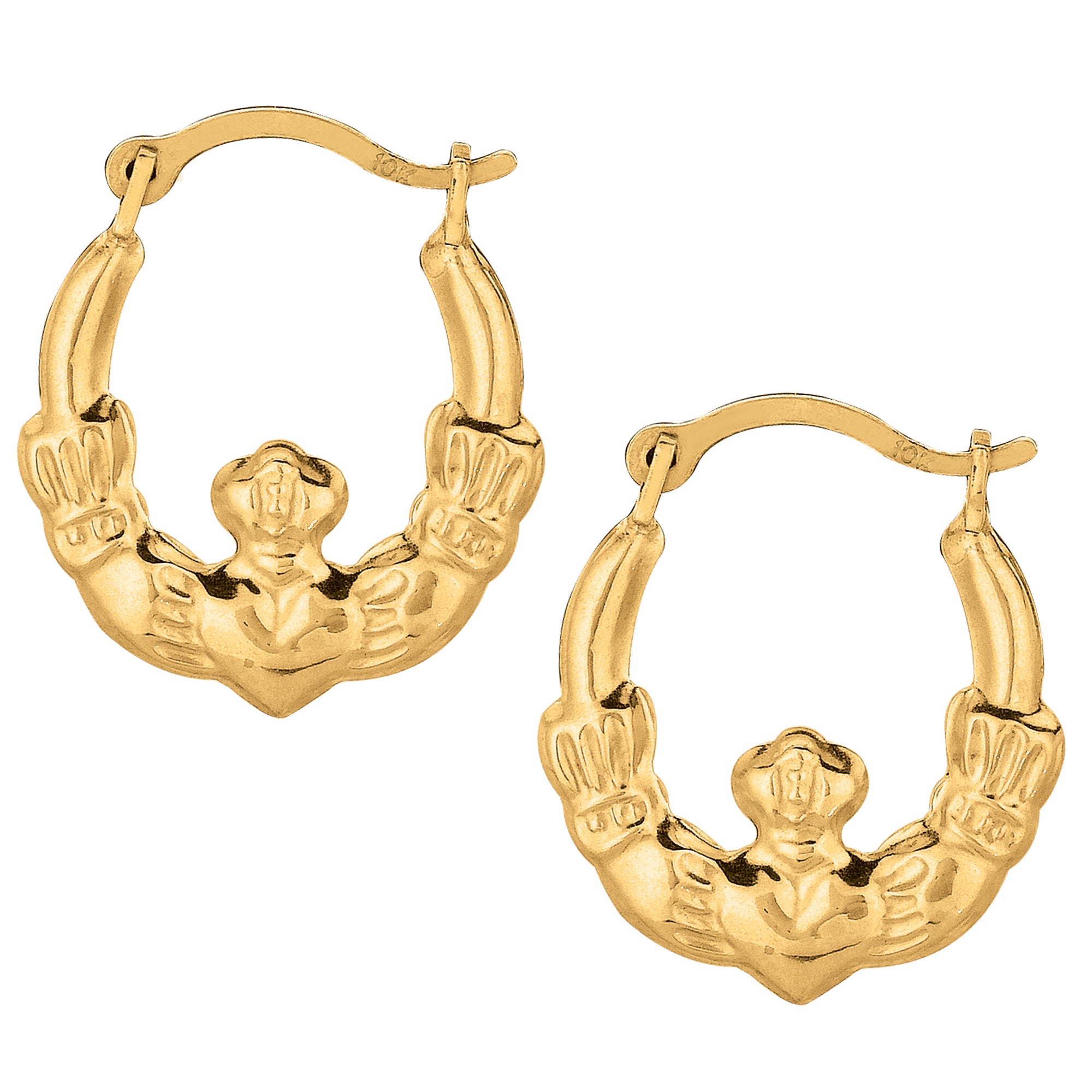 10k Yellow Gold Shiny Claddagh Design Hoop Earrings, Diameter 15mm