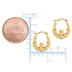 10 k gult guld glänsande Claddagh Design Hoop örhängen, diameter 15 mm fina designersmycken för män och kvinnor