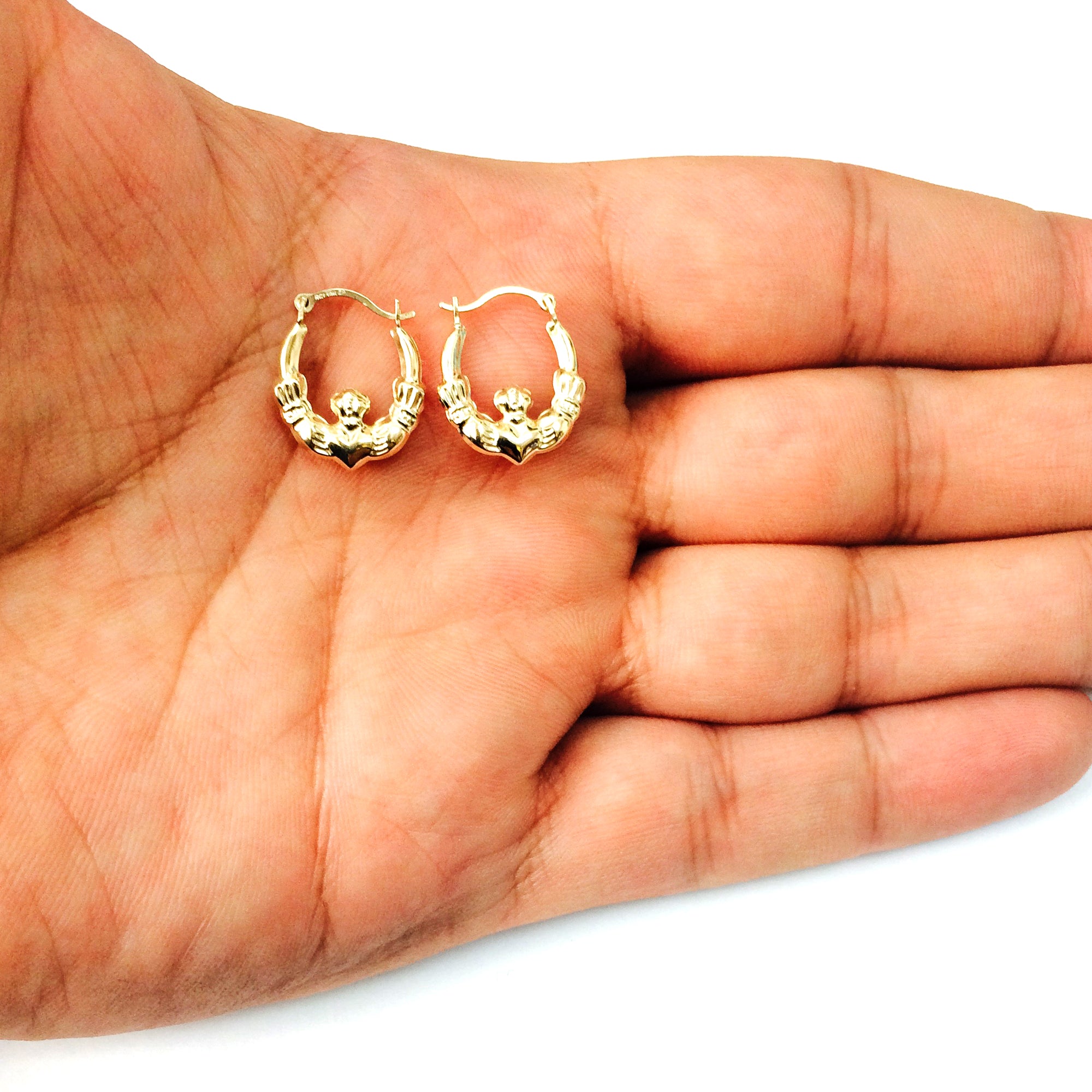 10 k gul guld skinnende Claddagh Design Hoop øreringe, diameter 15 mm fine designer smykker til mænd og kvinder