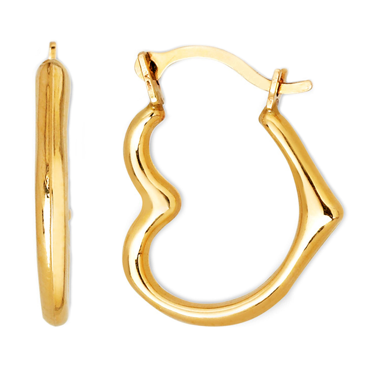 14k Yellow Gold Shiny Open Heart Hoop Earrings, Diameter 15mm